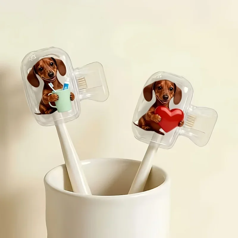 2pcs Dachshund Holding Toothbrush Cup and Heart Portable Odorless Toothbrush Case Suitable for Various Sizes of Travel Sets