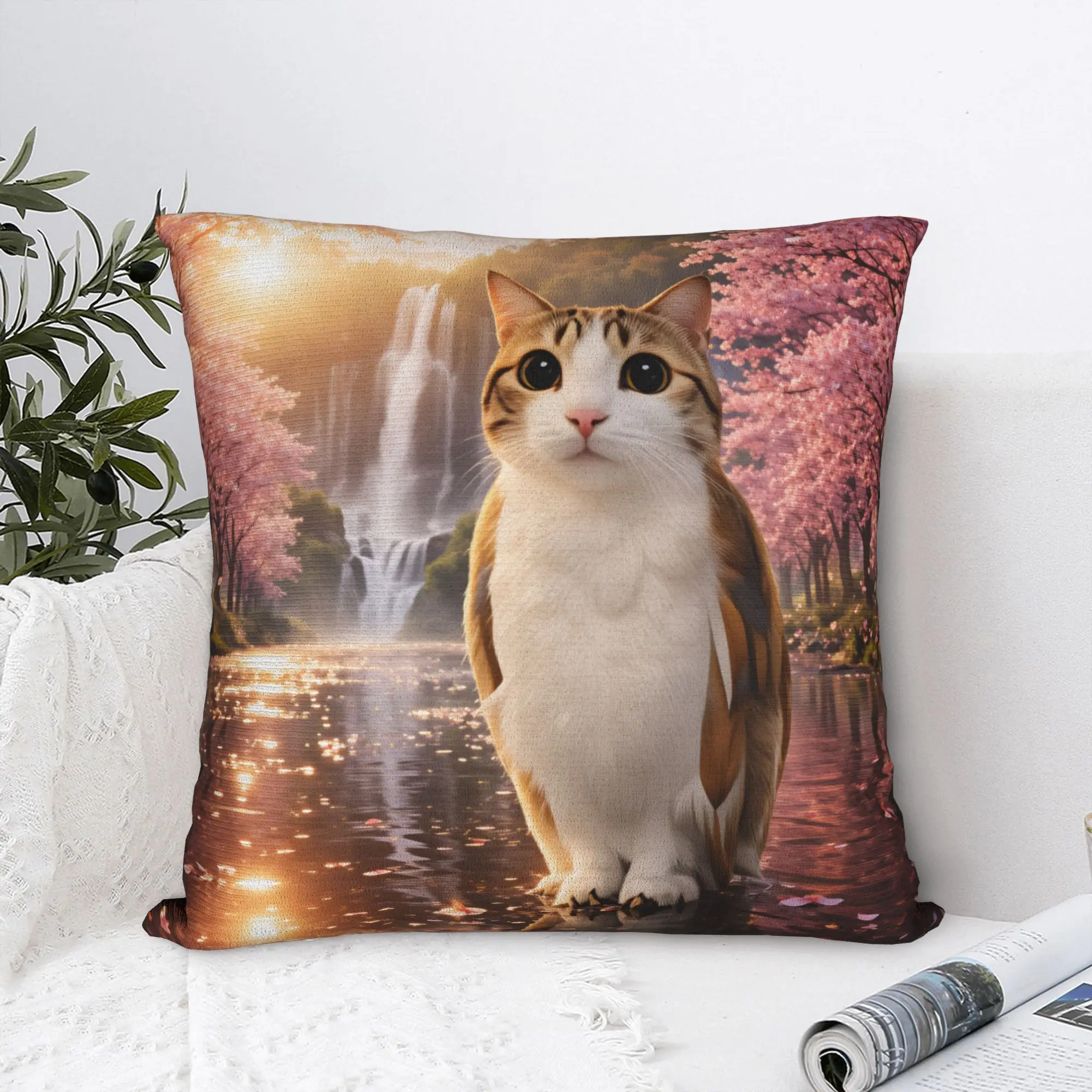 Funny Cherry Blossom Meowl Cat Pillow Cover  Graphic Cushion Cover Funny Pillow Case For Living Room Chair