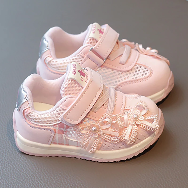 

Korean Style Baby Girl's Sneakers Flower Pearl Princess Running Shoes For Girls Ergonomics Soft-soled Children Sport Shoes