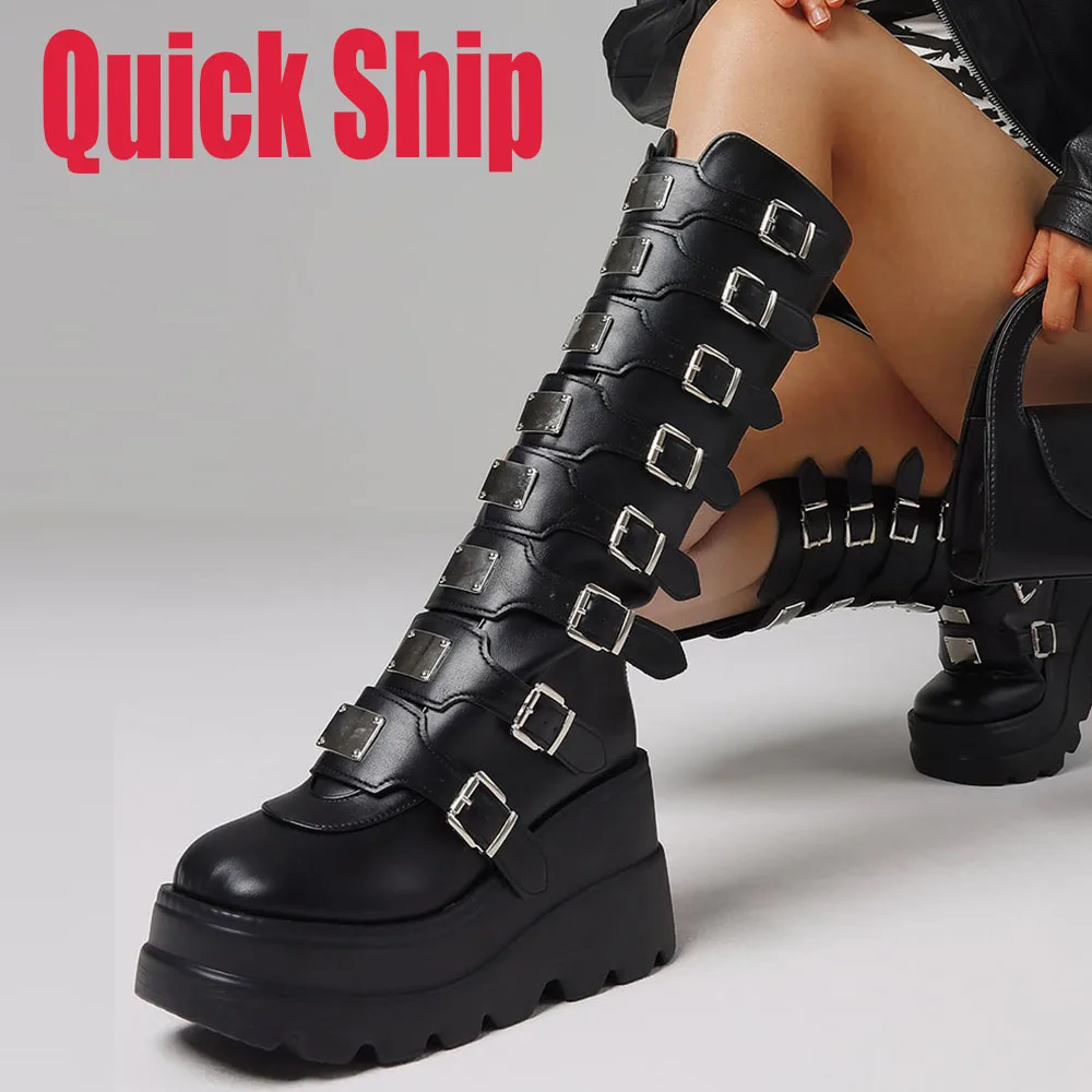 Punk Goth Women Knee High Boots Round Toe Multi Metal Buckle Zipper Motorcycle Boots Nightclub Christmas Shoes