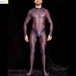 Men Glossy Sheer Bodystocking Zip Crotch Full Body Bodysuit Jumpsuits Smooth Nylon Sheer Shapewear One Piece Overall Underwear