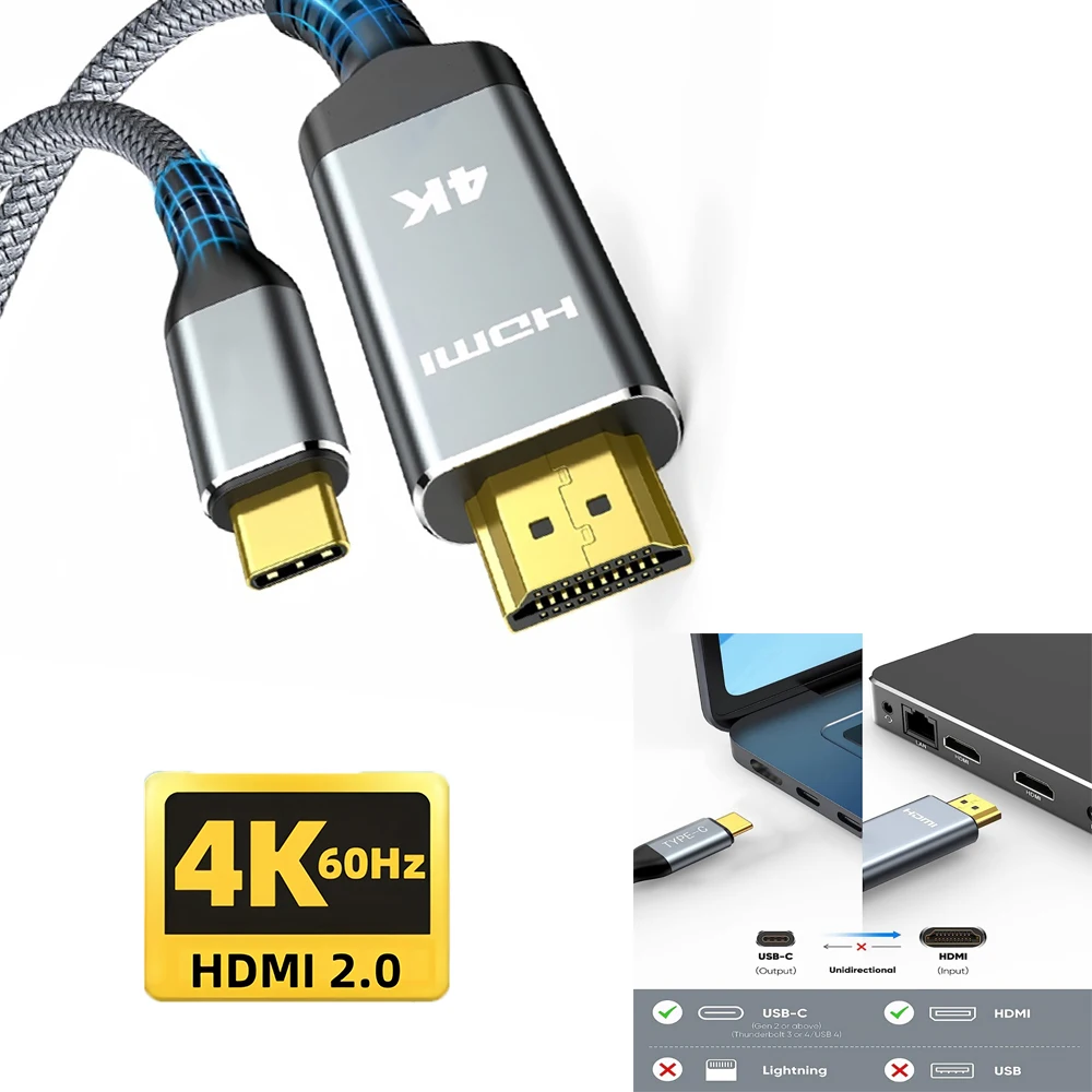 USB C to HD Cable 4K Type C to HDTV 2.0 Thunderbolt 3/4 to 4K 60Hz 30Hz for iphone 15 MacBook Huawei Mate30