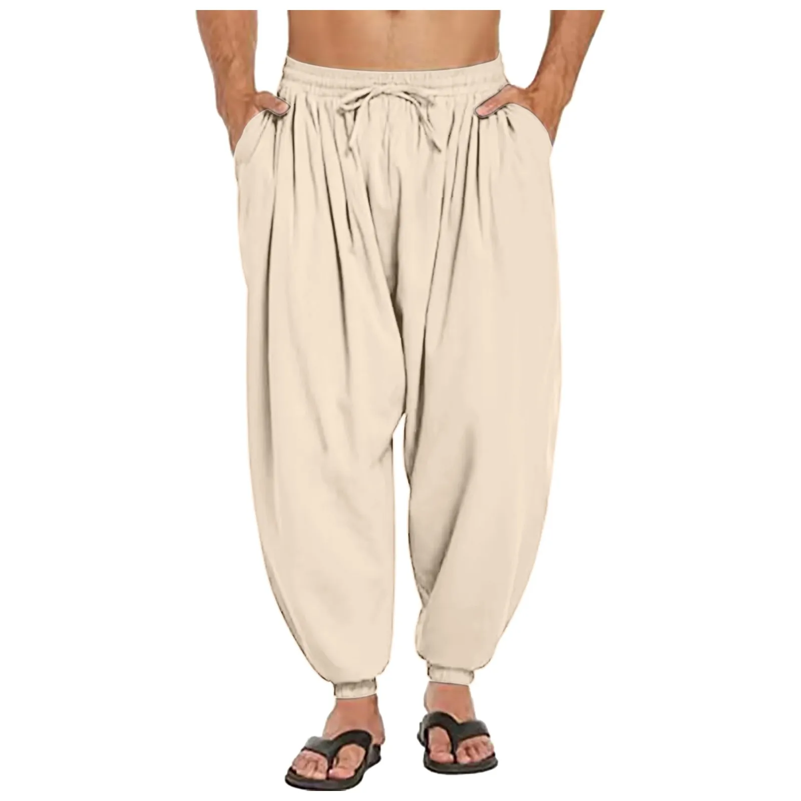 Pantaloni da Yoga in lino da uomo elastico in vita con coulisse da spiaggia pantaloni larghi Casual affusolati costume da bagno da uomo Ling