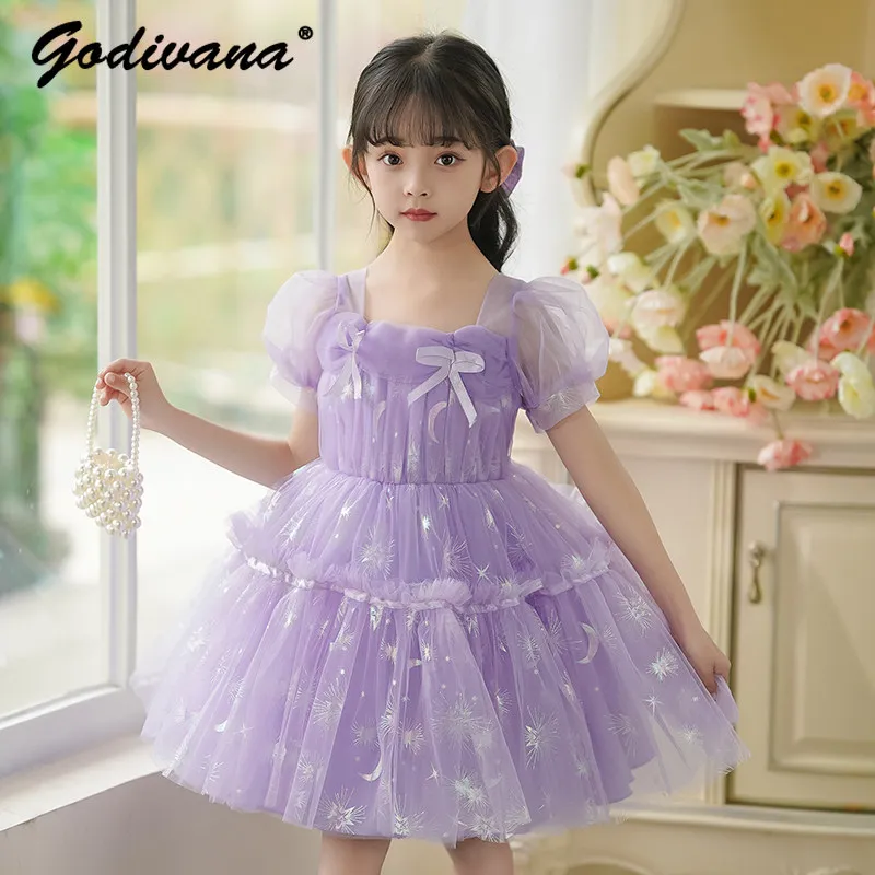Sweet Girls 2026 Summer New Puff Sleeve Mesh Princess Dress Kids Elegant Purple High Waist Sequin Bow Square Collar Tutu Dress