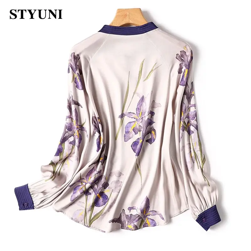 Purple Floral Printing Casual O-Neck Lace Up Long Sleeve Women's Blouse Shirt Korean Fashion Female Clothing Tops Autumn 2023