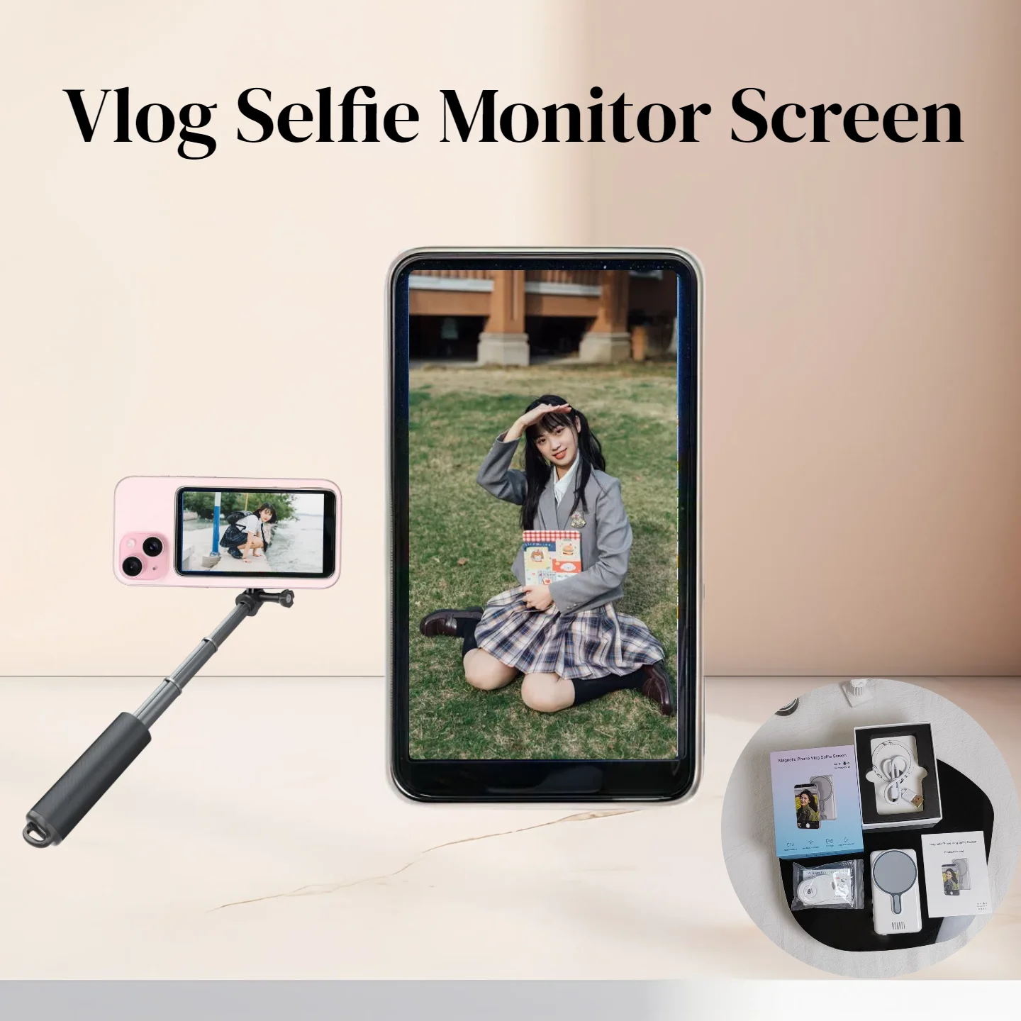 Pantalla rosa de 4,02 pulgadas Teléfono inalámbrico magnético inteligente Vlog Selfie Monitor Pantalla disponible iPhone y Android