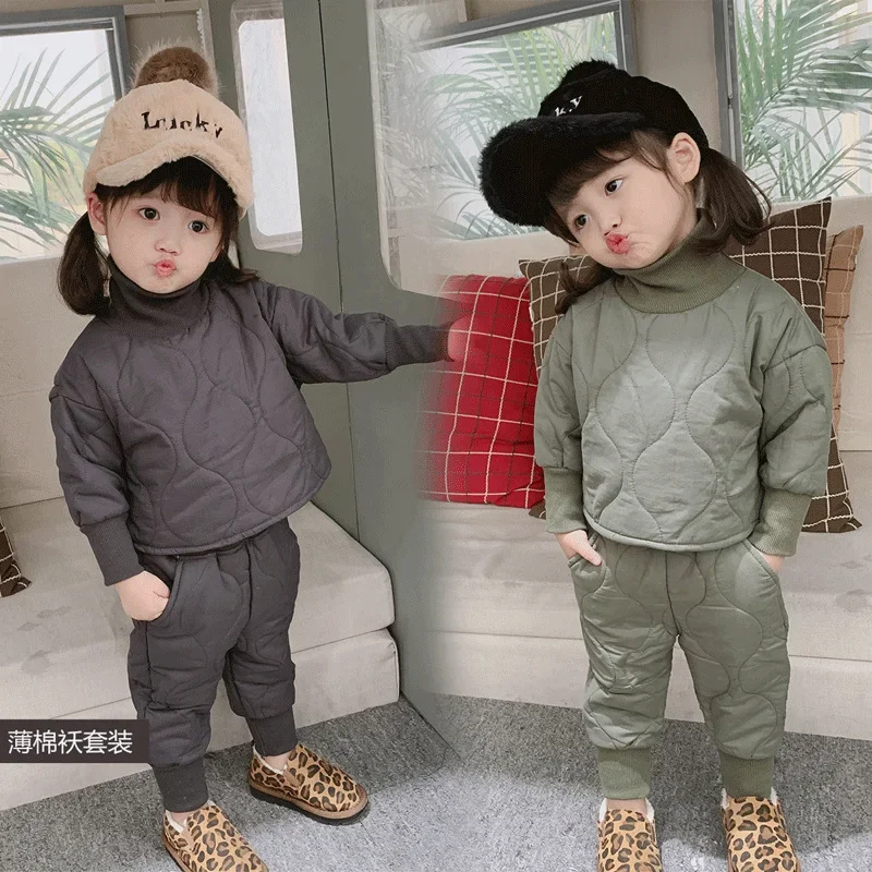 Fashion Children\'s Thick Set Winter Baby Girls Warm Turtleneck Coat +pant Sets Kid Gray Casual Suit 0-6 Years Boys Autumn Cotton