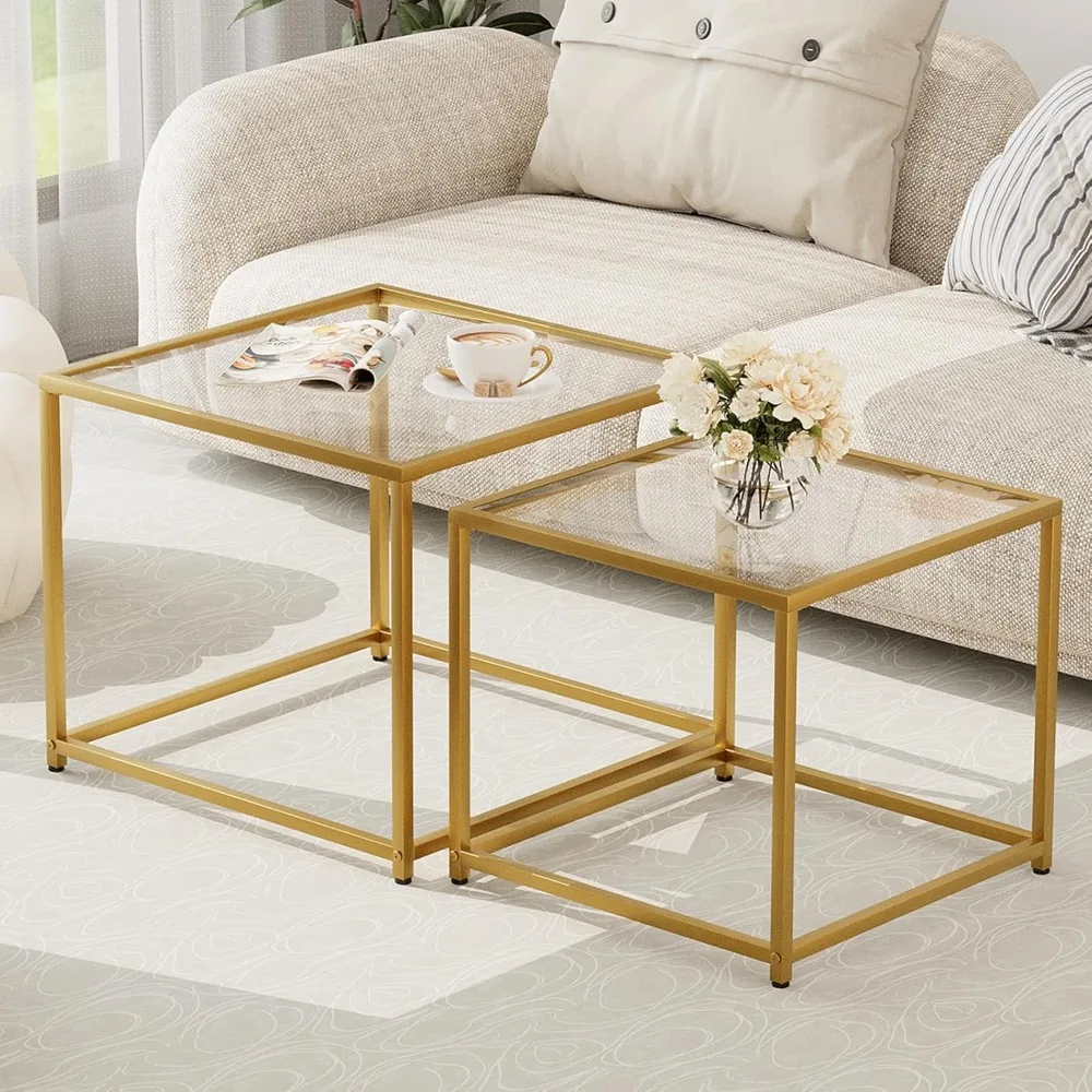 

Coffee Table Set of 2, Modern Glass Nesting Table, Metal Frame Square Center Table Set, Side Tables, Nesting Coffee Table for L