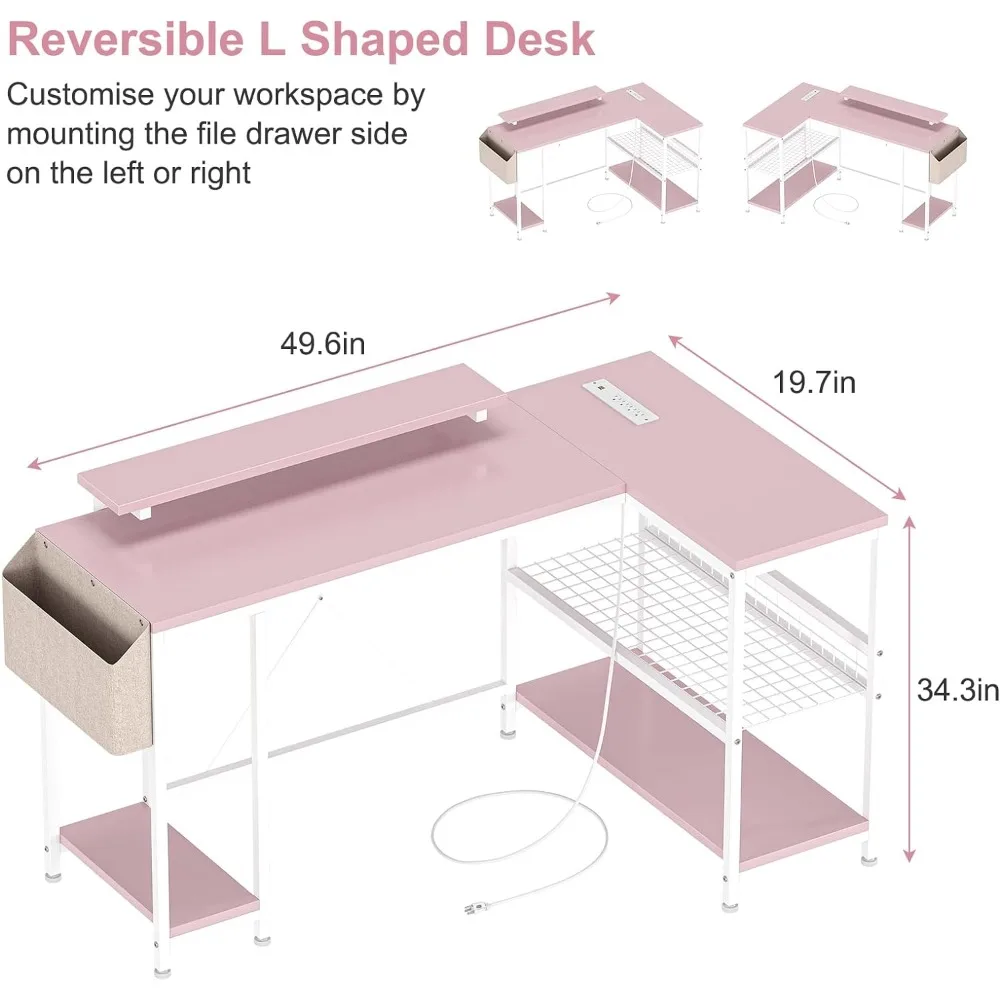 L-shaped Computer Desk with Power Socket and LED Light, 49.6-inch Computer Desk with Storage Shelves and Monitor Stand, Pink