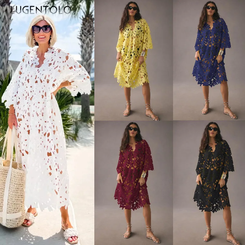 

Women Lace Beach Dress New Casual Loose Hollow Out Smock Spring Summer Female Holiday Sexy Pullover Clothing Lugentolo