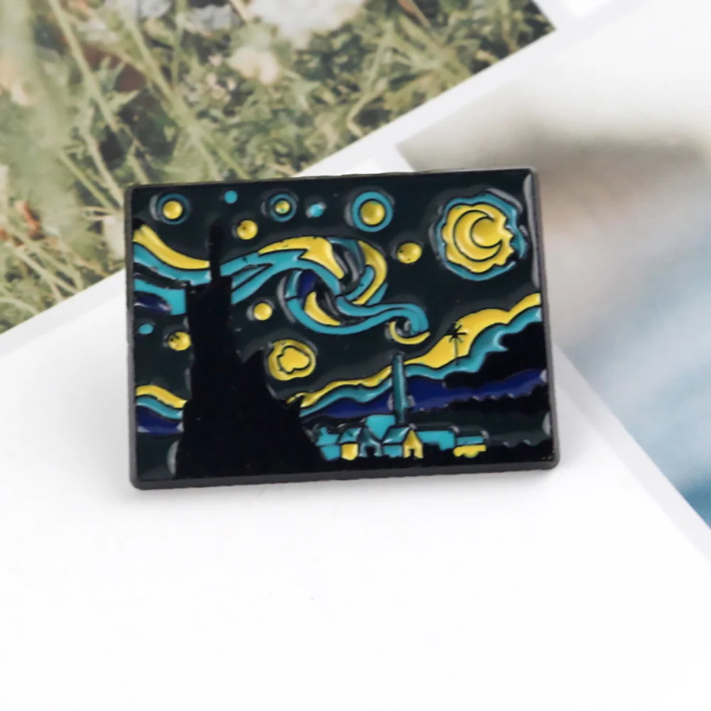 Fun Van Gogh Oil Painting Enamel Pins Custom Starry Night Scream  Wave Sunflower Whale  Brooch Lapel Badge Art Jewelry