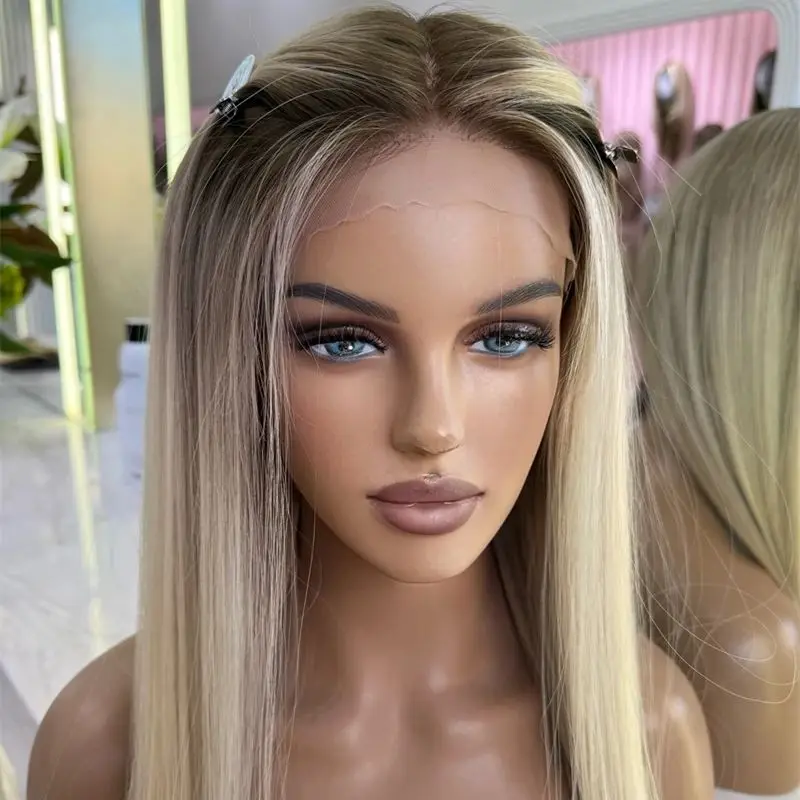 Peruca Sintética Longa Lisa Ombré Loiro Acinzentado com Mechas, HD Lace Front, Sem Cola, Pré-arrancada, Macia, para Festas, Uso Diário e Cosplay