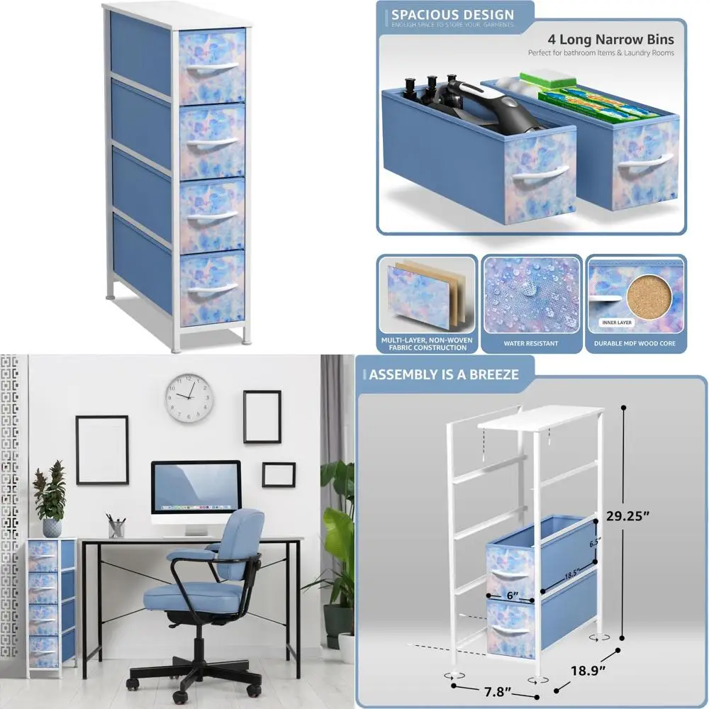 

Вертикальный тонкий комод для хранения с 4-мя ящиками — детский комод со стальным каркасом, деревянной столешницей и удобными тканевыми ручками