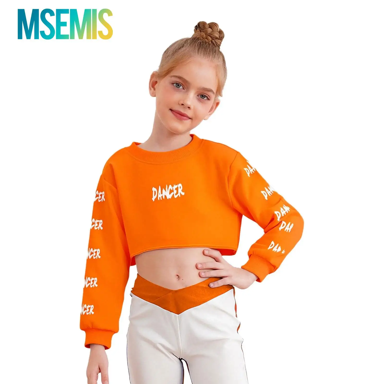 

Kids Girls Cheerleader Performance Costume Hip-Hop Jazz Dance Crop Top Long Sleeve Letter Printed Orange Cropped Sweatshirt Tops