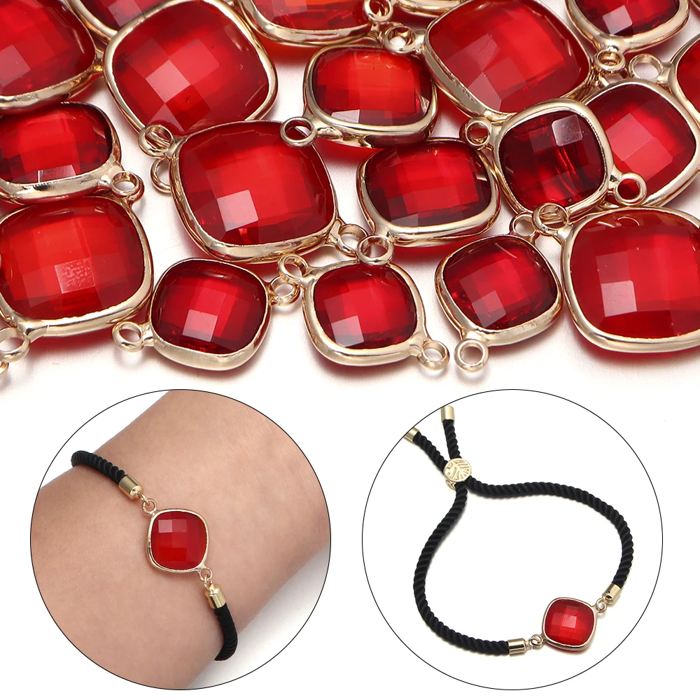 5 Stück/Lot quadratische facettierte Glasanhänger mit Metallkanten, Zweiloch-Verbinder, Charm für Armband, Halskette, DIY-Schmuckherstellung, Zubehör