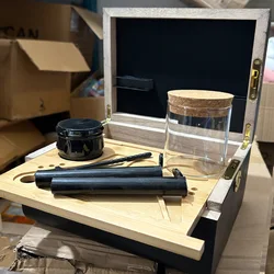 Wood Box Movable Rolling Tray Chest Premium Natural+4pcs Storage Movable Rolling Tray  Glass Jars Accessories  Table Decoration