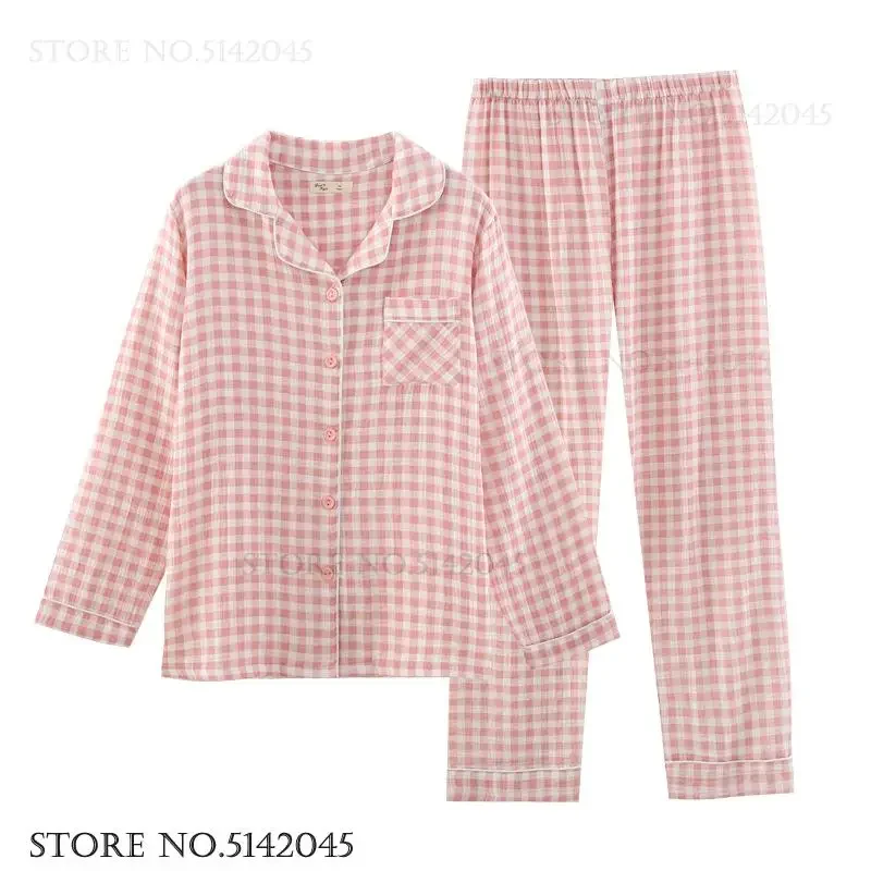 

Pink Plaid Long Sleeve Trouser Pajamas Set New Cotton Gauze Sleepwear Pijama Mujer Loungewear Loose Casual Home Clothes Lingerie