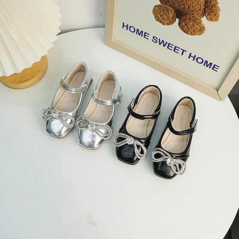 Kids Leather Shoe Simple Solid Color Princess Shoes for Girls Causal Versatile Children Fashion Shallow Flat Shoes Silver Chic