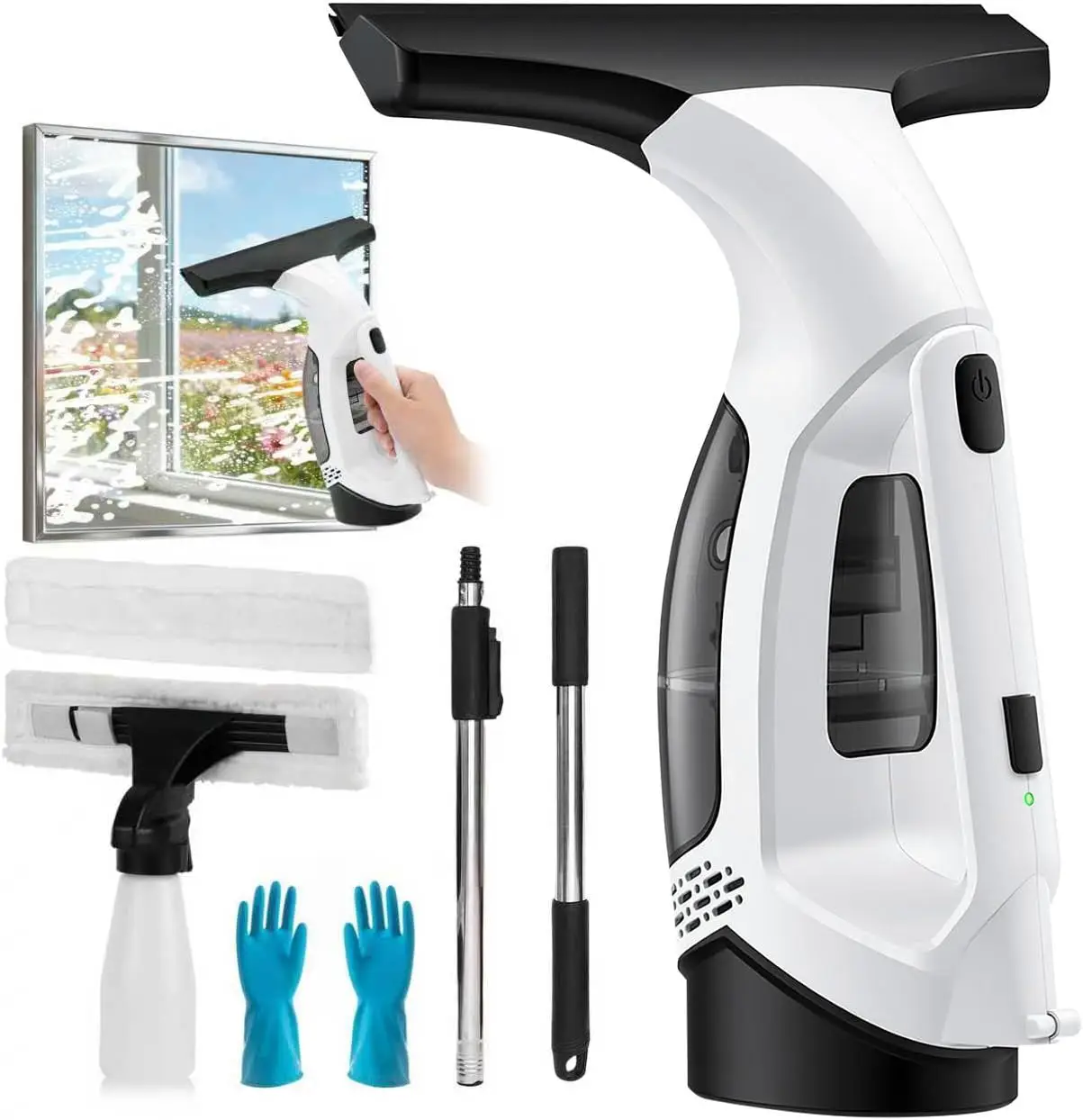 

Electric Window Vacuum Squeegee with Extension Pole, 11 Inch Cordless Cleaner for Shower Doors and Car Windshields