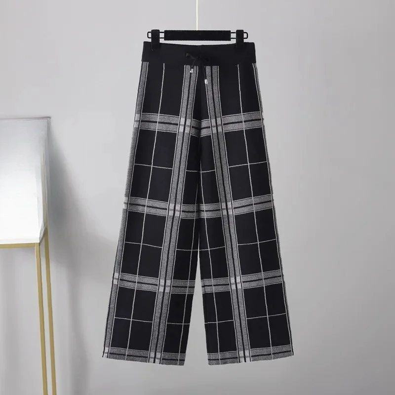 

Женские клетчатые широкие брюки в стиле ретро, осенне-зимняя корейская версия, прямые брюки с высокой талией, свободный крой