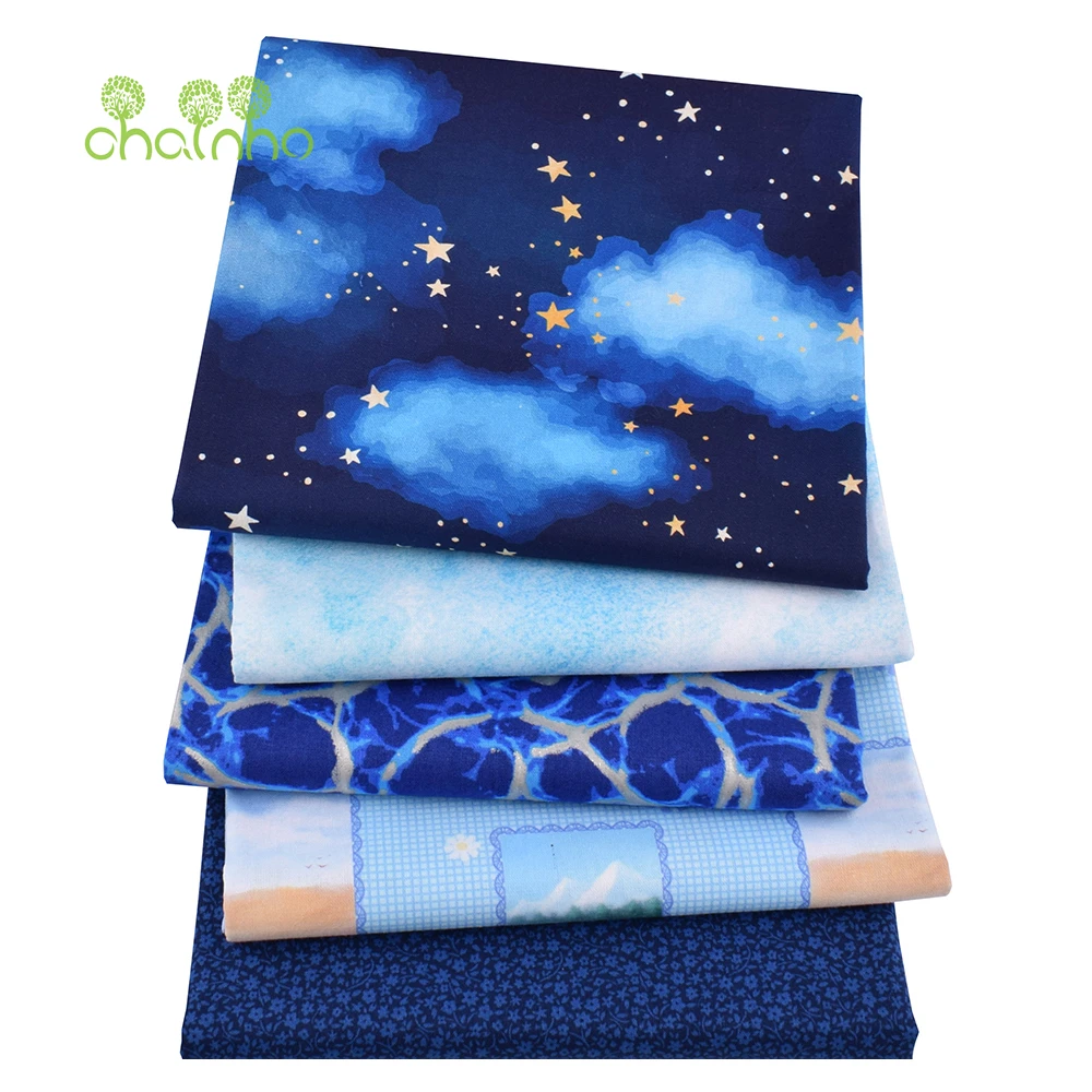 Chainho,Blue Colour Printed Plain-Weave Cotton Fabric,Patchwork Clothes For Handmade DIY Quilting Sewing Craft,Bag,Toy Material