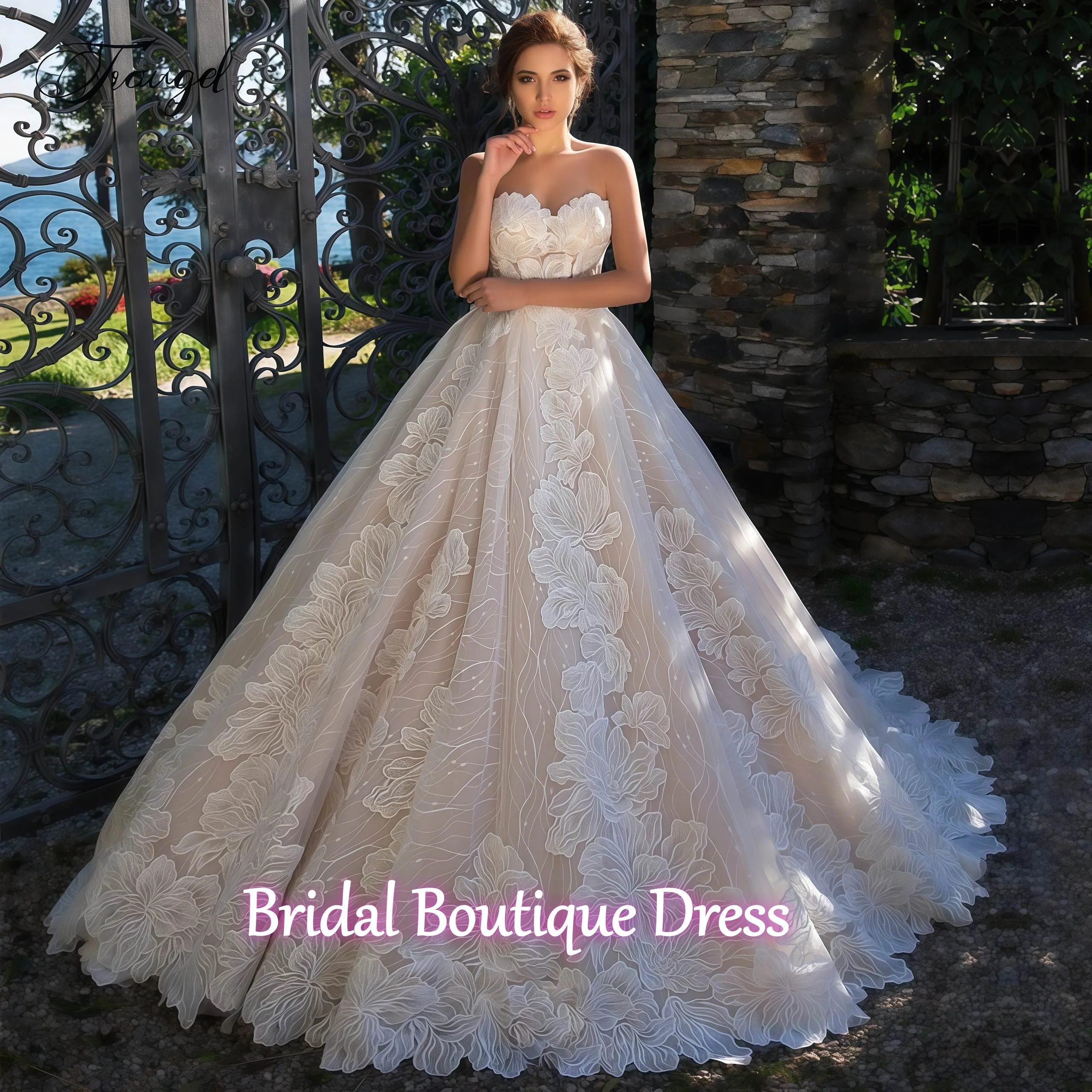 Customized Exquisite Sweetheart A Line Lace Wedding Dresses Applique Sleeveless Backless Bride Sweep Train Bridal Gown Train