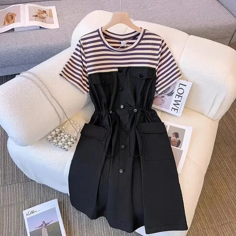 Splicing frock dress female summer plus size striped short sleeve drawstring waist pocket design sense temperament skirt