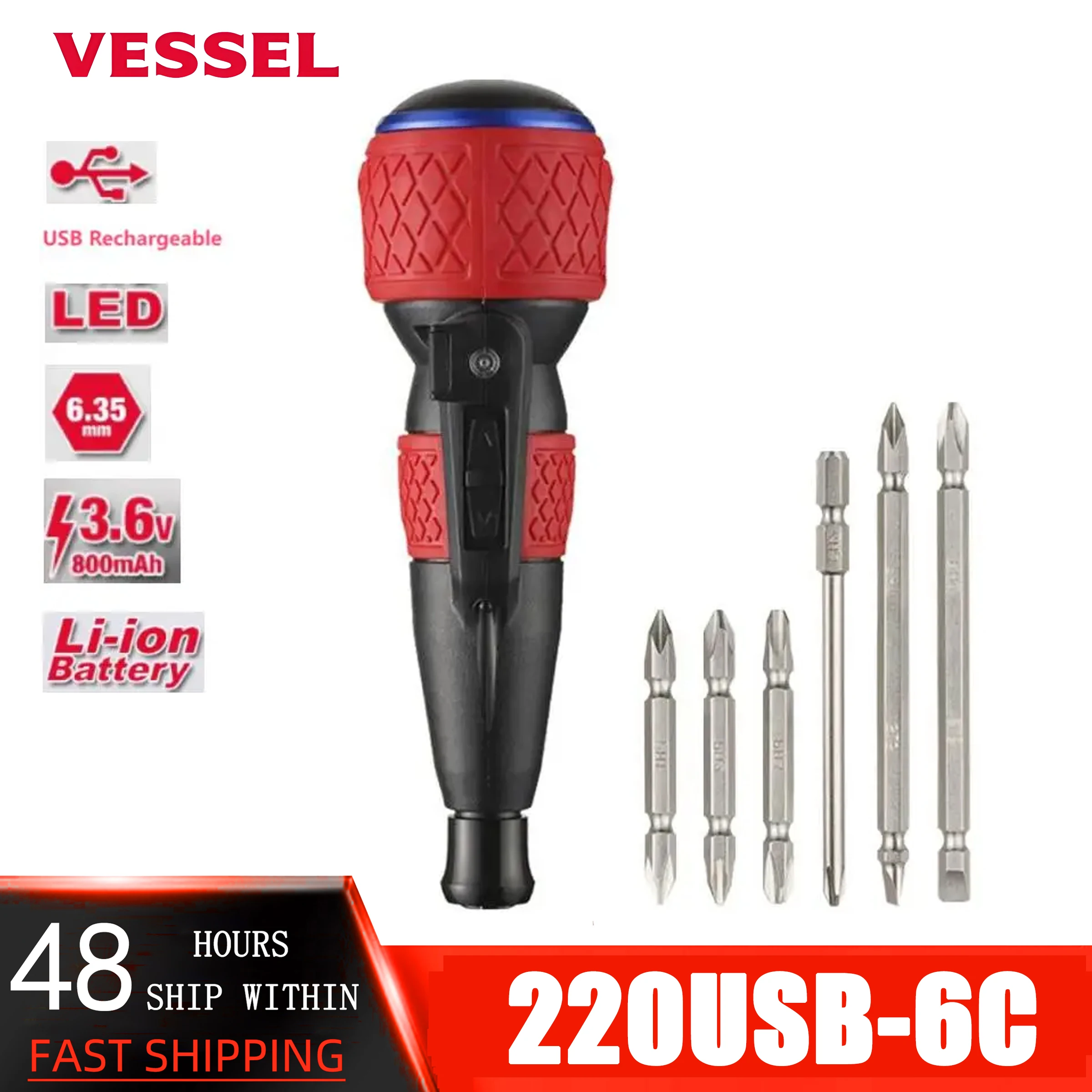 

VESSEL 220USB-6C BALL GRIP Rechargeable Screwdriver Mini Multifunction Torque Alarm with 6 Bits