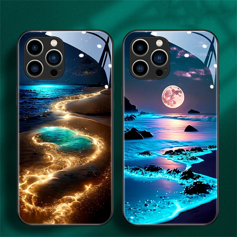 

Dream Beach Luminous Phone Case For iPhone 16 15 14 13 12 11 Pro Max X XR XS 7 8 Plus SE2020 LED Light Glass Shockproof Cover