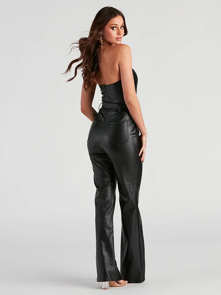 Women Black Matte Faux Leather Halter Jumpsuits Ladies Sexy Slim Backless V Neck Bandage PU Rompers With Pocket Support Custom