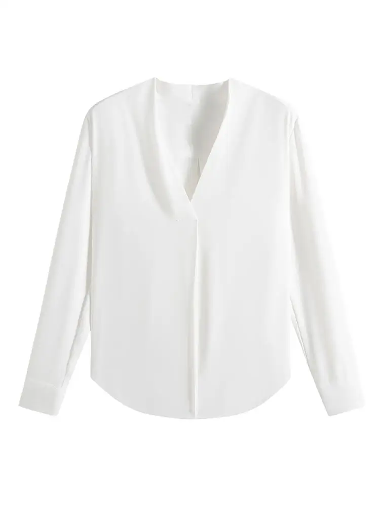 بلوزة Ele Summer White irt النسائية المضادة للتجاعيد ذات ملمس راقي من الشيفون V-Ne Profional ort Sve #5