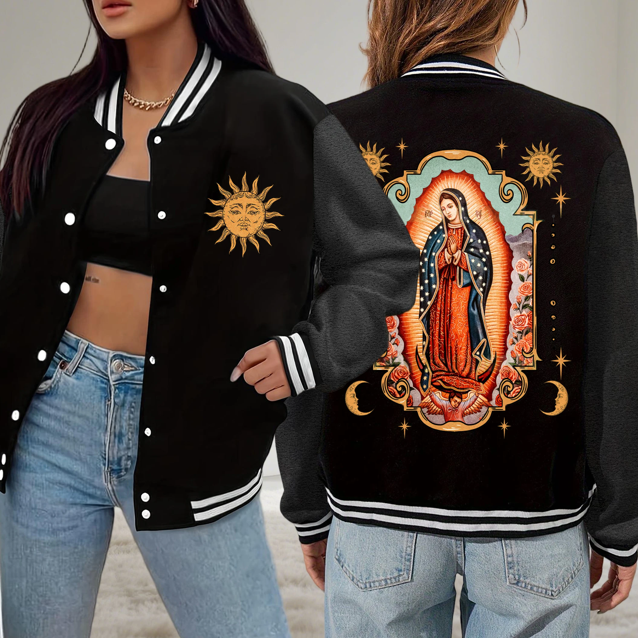 

Our Lady Of Guadalupe Prints Y2K Baseball Uniform Women Loose Soft Clothes Fashion American Jackets Autumn Fleece Sportswear