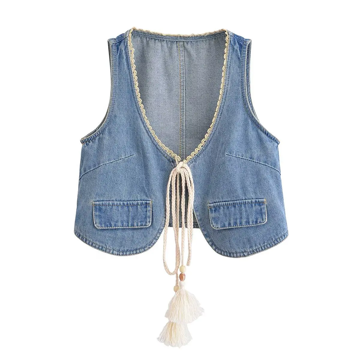 

Women's Lace Tassel Decorative Denim Vest Coat European American Style Spring Summer Fashion M225314
