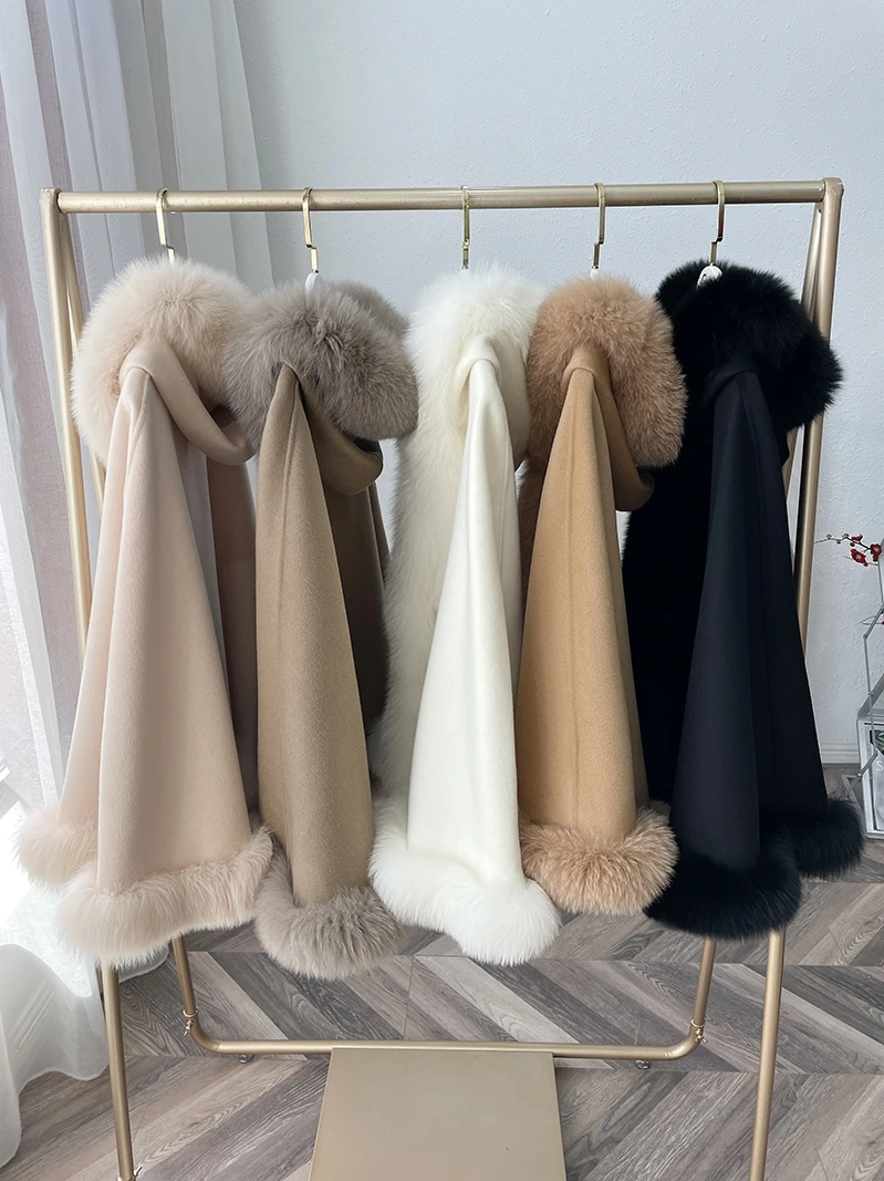 2022 Women Poncho Cardigan Real Fox Fur Coats Wool Warm Shawl Jacket Autumn Winter Black Cloak Outwear Tops