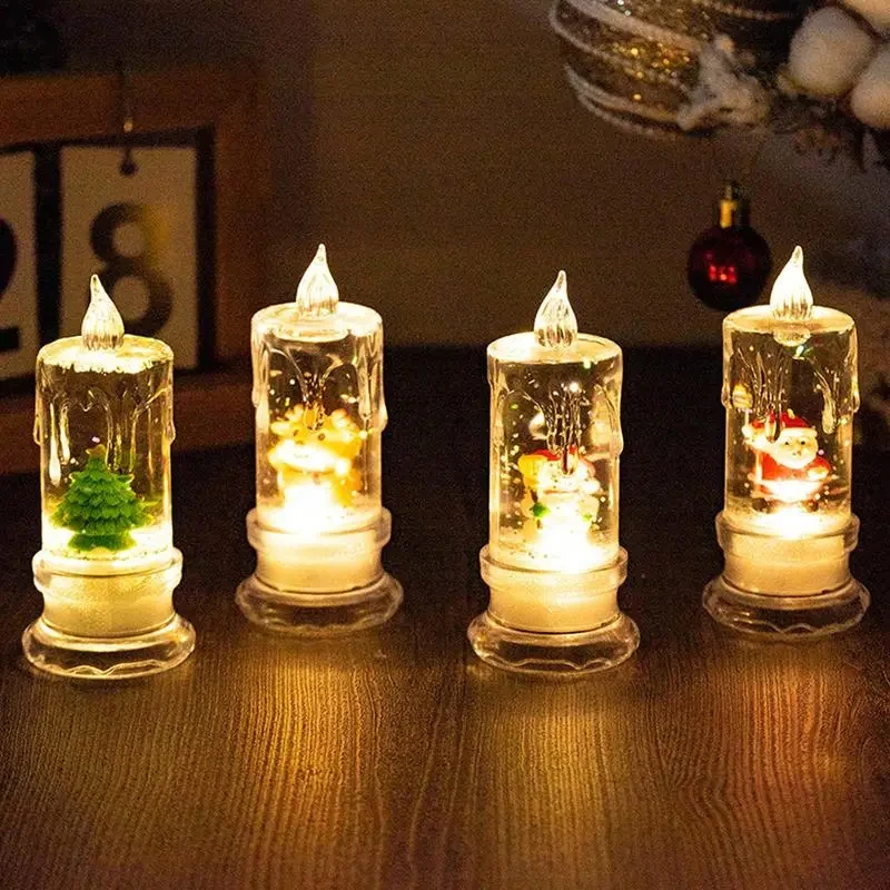 Christmas Water Injection Transparent LED Electronic Candle Snowman Santa Claus Snowflake Night Light Home Decorations Gifts