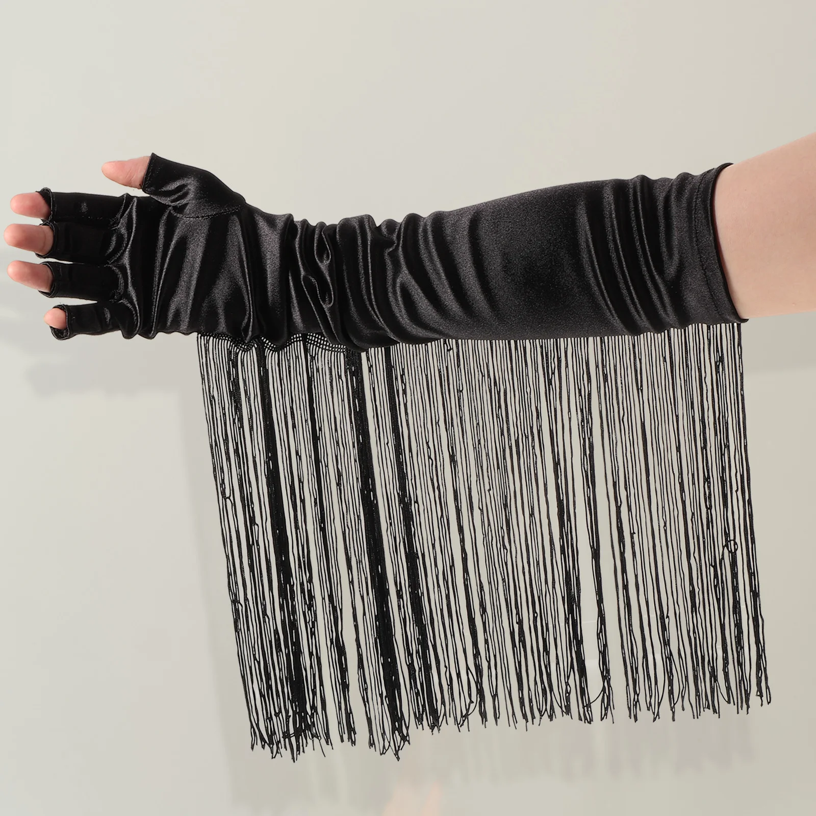 1 paio di guanti da opera neri, design lungo ed elastico con nappe, per feste di ballo, matrimoni, spettacoli teatrali, guanti da opera neri
