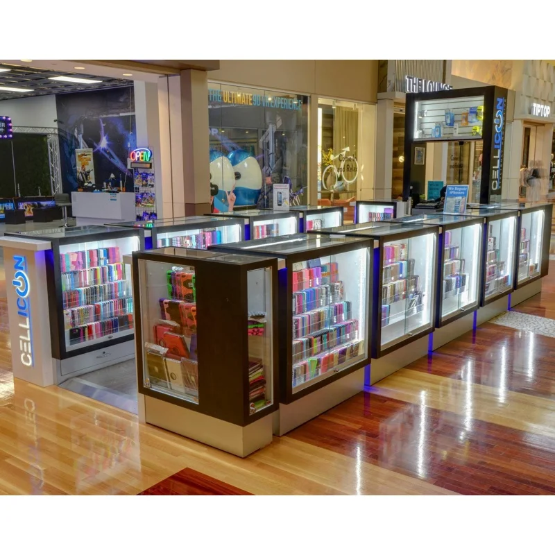 

custom，Wooden Cellphone Accessories Showcase Display Cabinet for Phone with LED Lighting Phone Accessories Kiosk for Mall