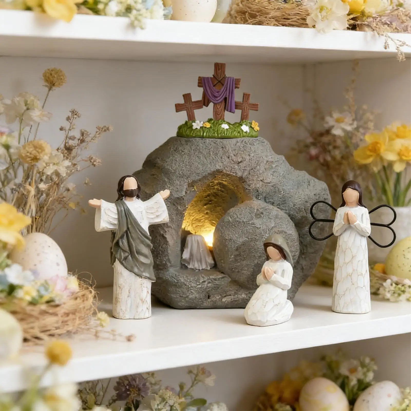 

Набор светящихся фигурок для пасхальной сцены воскрешения: пустая гробница из смолы, христианские пасхальные подарки для домашнего декора