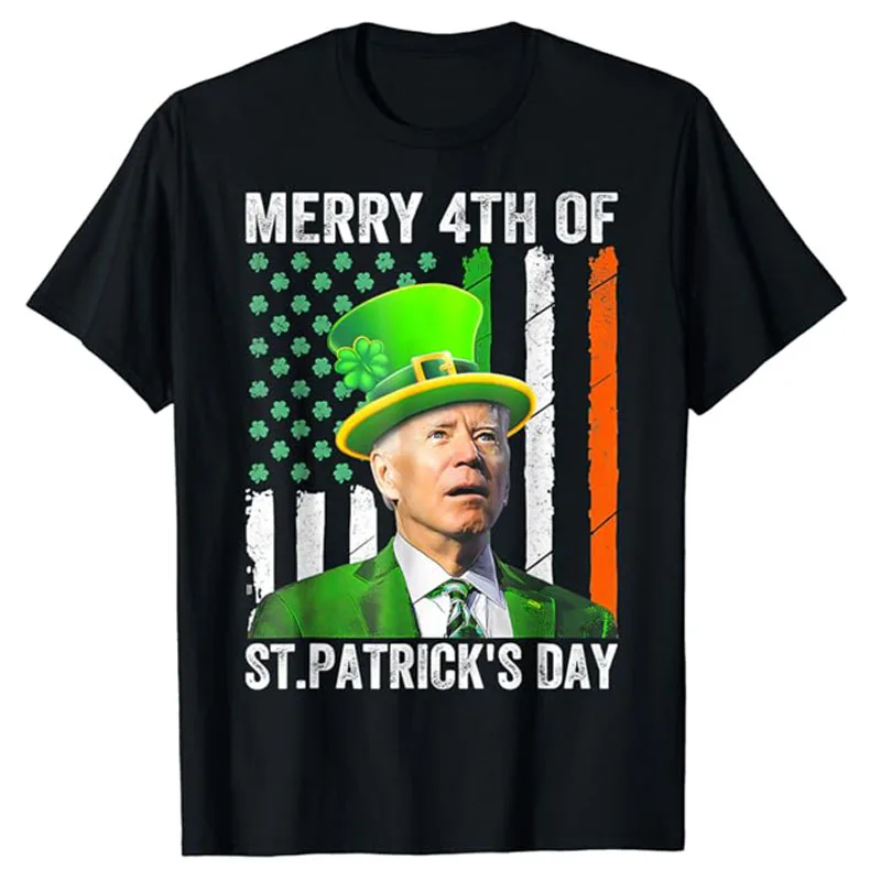 

Merry 4th of St Patrick's Day Joe Biden Leprechaun Hat Funny T-Shirt Irish American Flag and Lucky Shamrock Graphic Tee Gifts