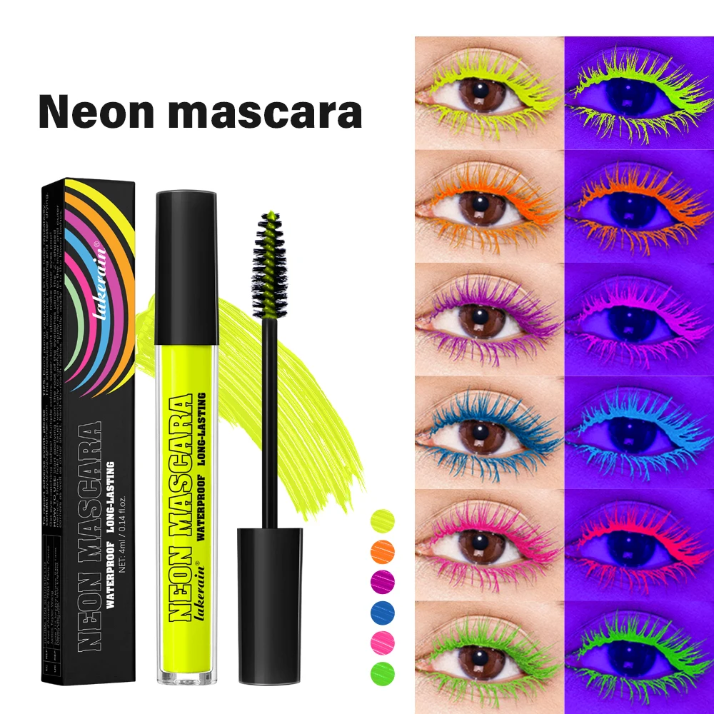 6 Farben Neon-Augen-Mascara, leuchtende Farben, fluoreszierend, 24 Stunden langlebig, wasserfest, wischfest, für Camival-Party-Make-up
