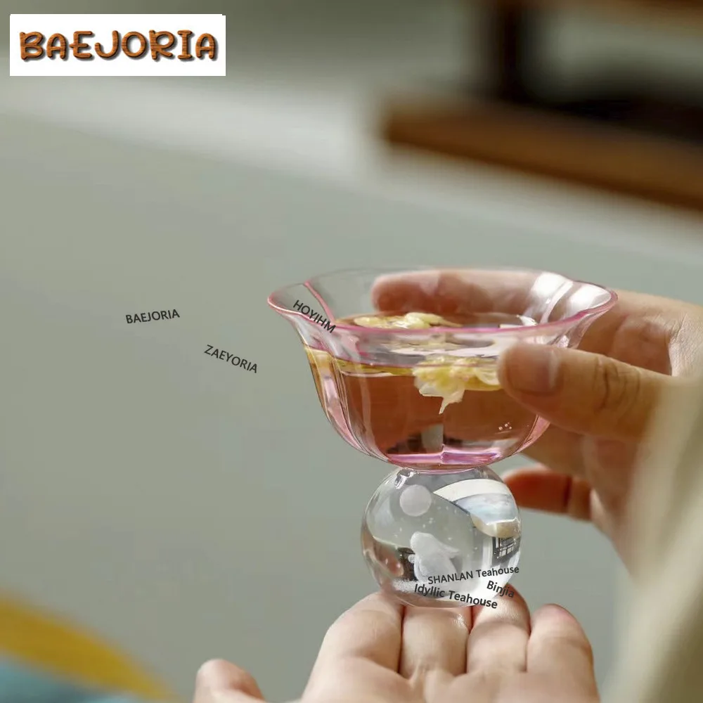 BAEJORIA 95ml Boutique Crystal Glass Flower Teacup Moon Rabbit Ball High Foot Cup Female Personal Master Cup Chazhan Kung Fu Tea