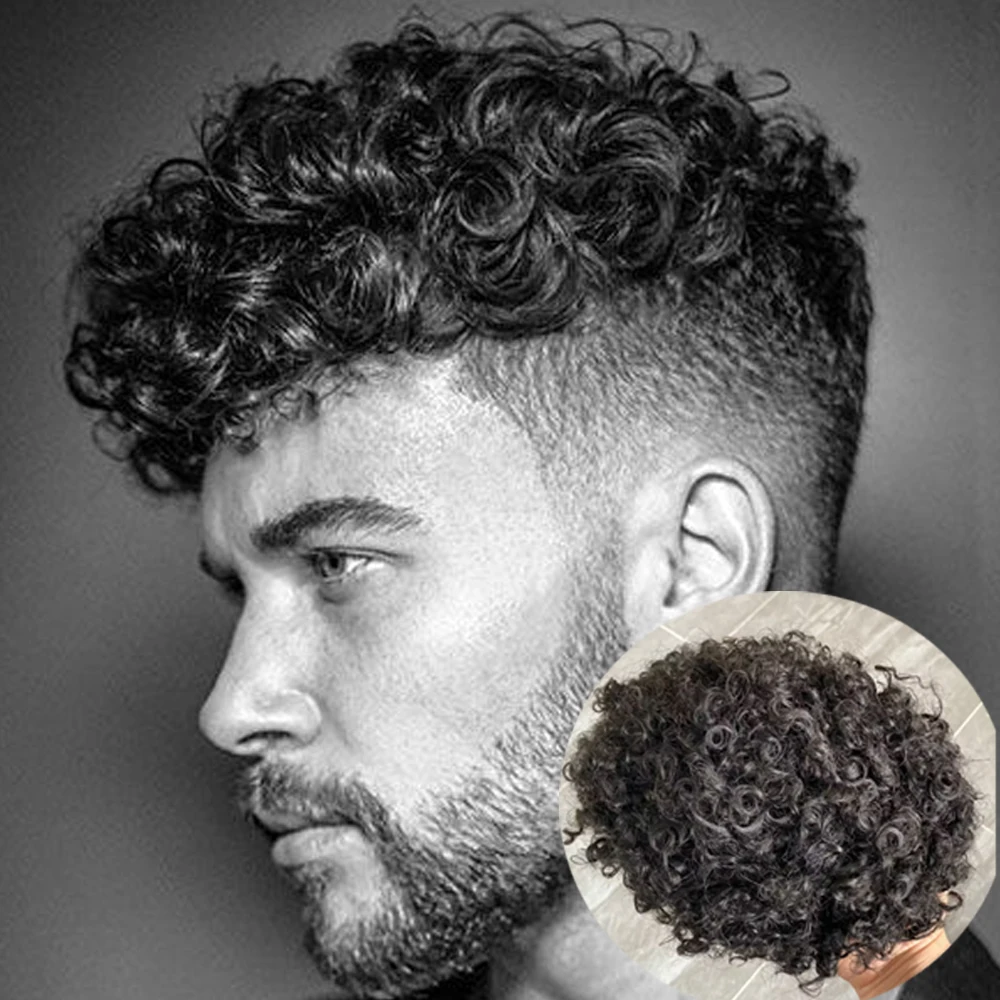 Cool Man-tupé de cabello humano rizado para hombres, Base de PU Mono fino duradero, postizos de aspecto Natural, negro, 15mm