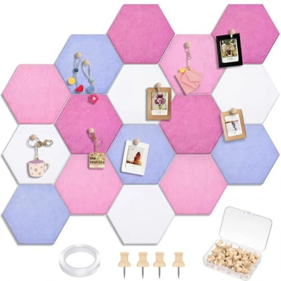 

16 Pcs Hexagon Cork Board for Walls with 50 Wooden Push Ps Felt DIY Tiles Notice with Nano Tape Hangg Bullet Board for Home Pho