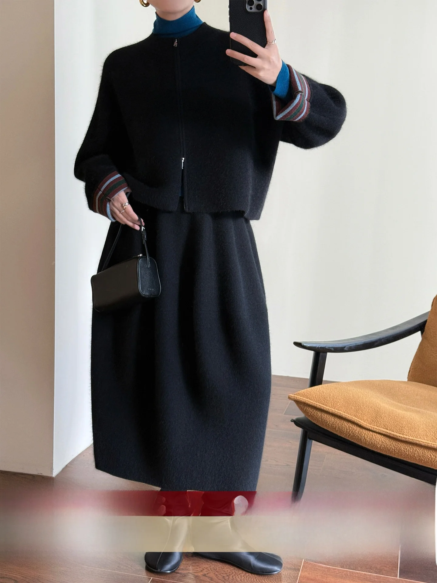 

Винтажный комплект WANGER: твидовый жакет на молнии из смесовой шерсти и плиссированная юбка – модный зимний образ для женщин