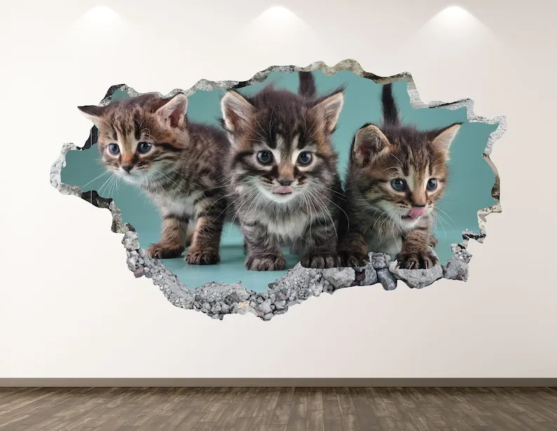 Cat Wall Decal - Kitten 3D Smashed Wall Art Sticker Kids Room Decor Vinyl Home Poster Custom Gift KD255