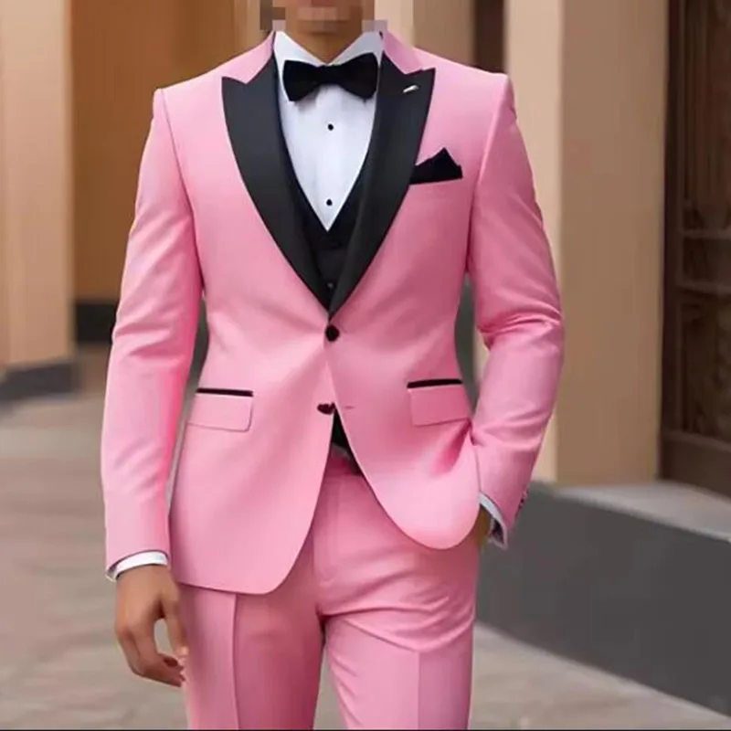 

Pink 3 Piece Men's Suits Jacket Pants Vest Male Clothes Formal Single Breasted Peak Lapel Slim Fit Prom Party Suit Costume Homme