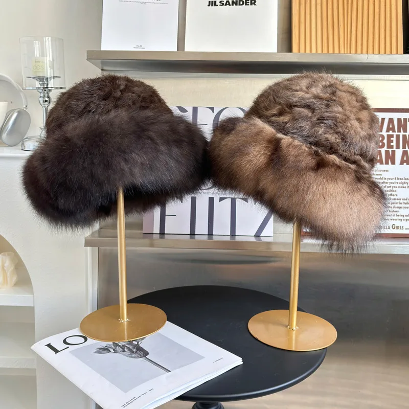 

Рыбацкая шапка из натурального кроличьего меха для женщин, утолщенная и теплая панама, зимняя модная тканая шапка из кроличьего меха, меховая шапка