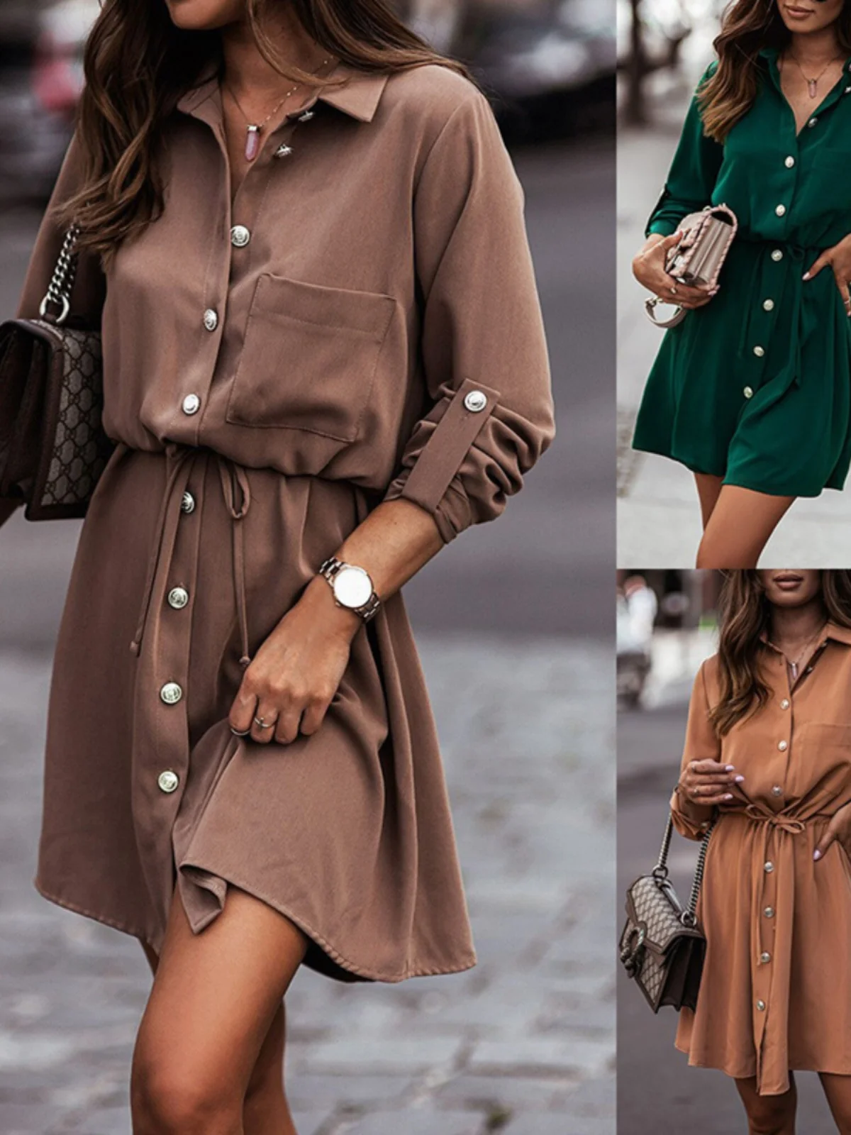 

Модная сексуальная юбка-миди с отворотами для женщин, с завышенной талией, длинными рукавами, из полиэфирного волокна, на все сезоны, А-силуэт