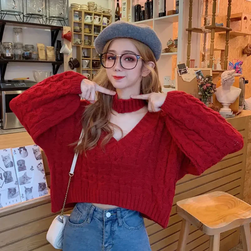 Neploe Winter Twisted Pullover Sweaters Female Knit Long Sleeve V Neck Crop Sweater Tops Korean Y2K Halter Jumper Pull Femme