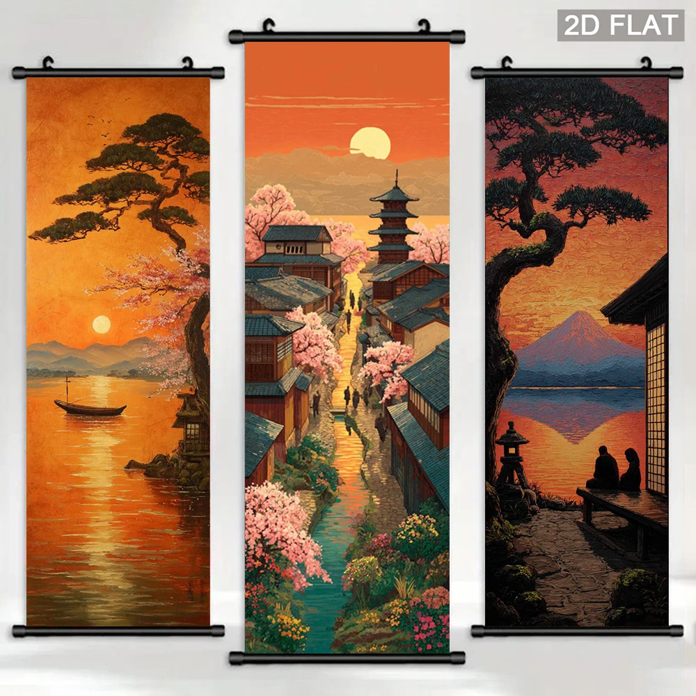 VIKAMA Japanese-Style Sunset Landscape Scroll Tapestry, Ancient Town Cherry Blossoms and Pagoda Wall Decoration, Home Decor